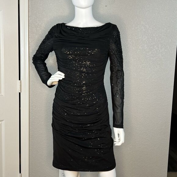 Belle Badgley Mischka Size 4 Dress Sequin Mesh Cowl Neck Black Gothic Glam - Picture 2 of 11